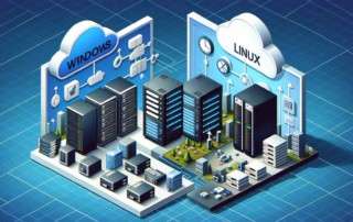 Isometric view contrasting Windows and Linux servers for online backup, with server racks, network connections, and cloud symbols, highlighting the differences in performance and capabilities.