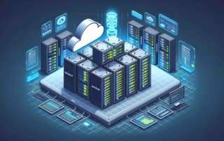 concept of a server room for online backups, featuring elements like server racks, a cloud symbol, and a control panel for a web console interface