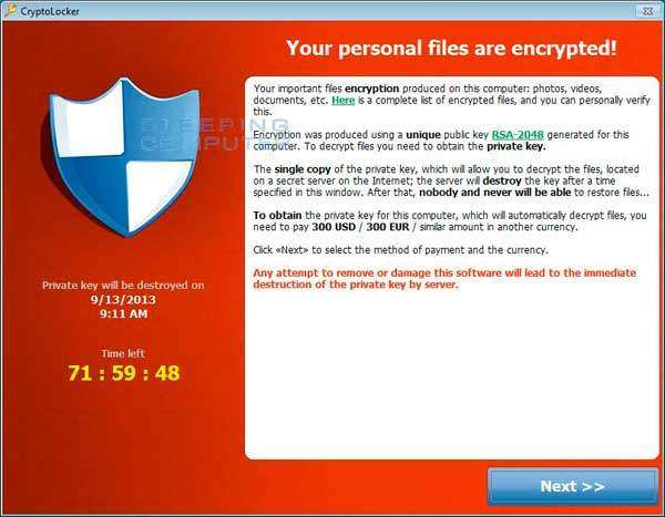 Actual screen shot of CryptoLocker