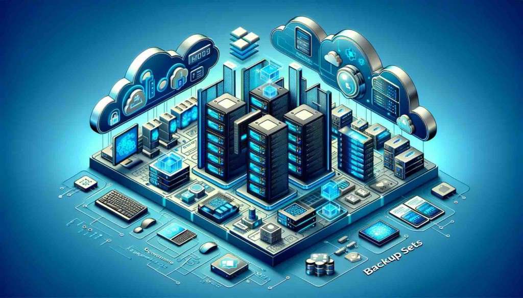 server arrays with cloud integration and data encryption symbols all under the highlighted phrase Backup Sets