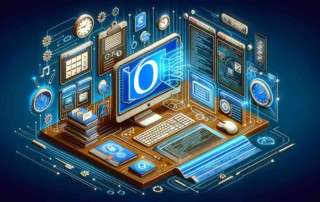It features an isometric view of a computer displaying the Outlook logo, encapsulated within a digital art theme that includes representations of scripts and automated processes.