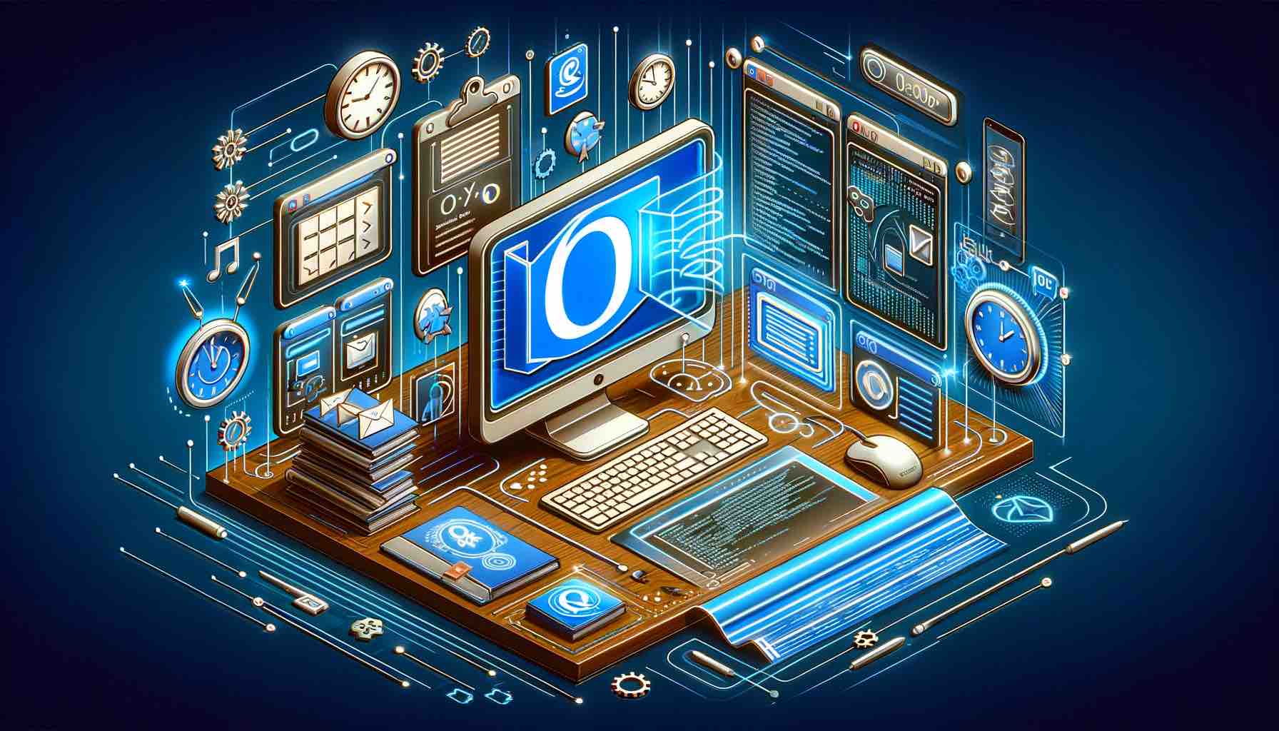 A digital art styled hero image for a blog post, featuring an isometric view of a computer with the Outlook logo on the screen, surrounded by visual r How to Safely Close Outlook Before Backup