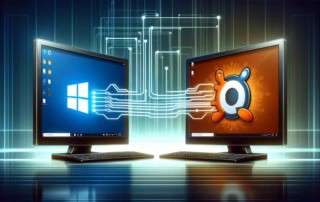 Seamless integration of Windows and Ubuntu systems connected by a network bridge, symbolizing cross-platform file sharing for a blog post