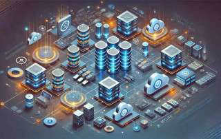 An abstract isometric illustration showcasing data transfers between server stacks, secure cloud storage, and interconnected nodes, representing backup strategies and data flow in a modern tech aesthetic.