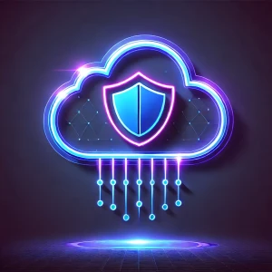 A futuristic, cybersecurity-themed icon illustrating the security and speed of AWS Disk Image Restore