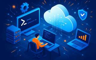 Isometric illustration of a server environment with connected devices, symbolizing remote PowerShell administration.